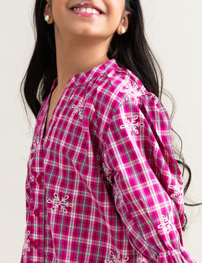 EMBROIDERED BUTTON DOWN CHECKERED TOP