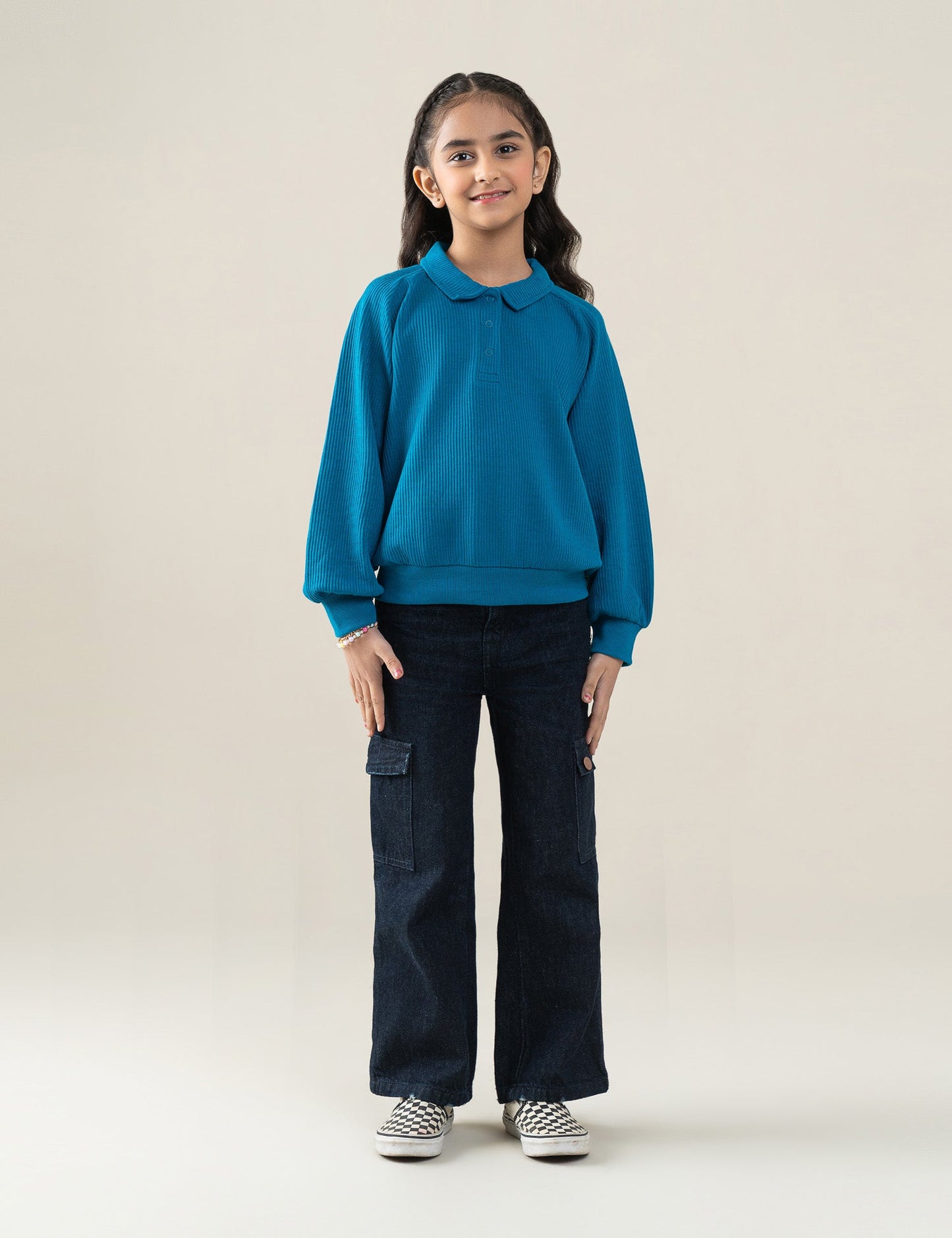 SOLID RIBBED POLO-STYLE SWEATSHIRT