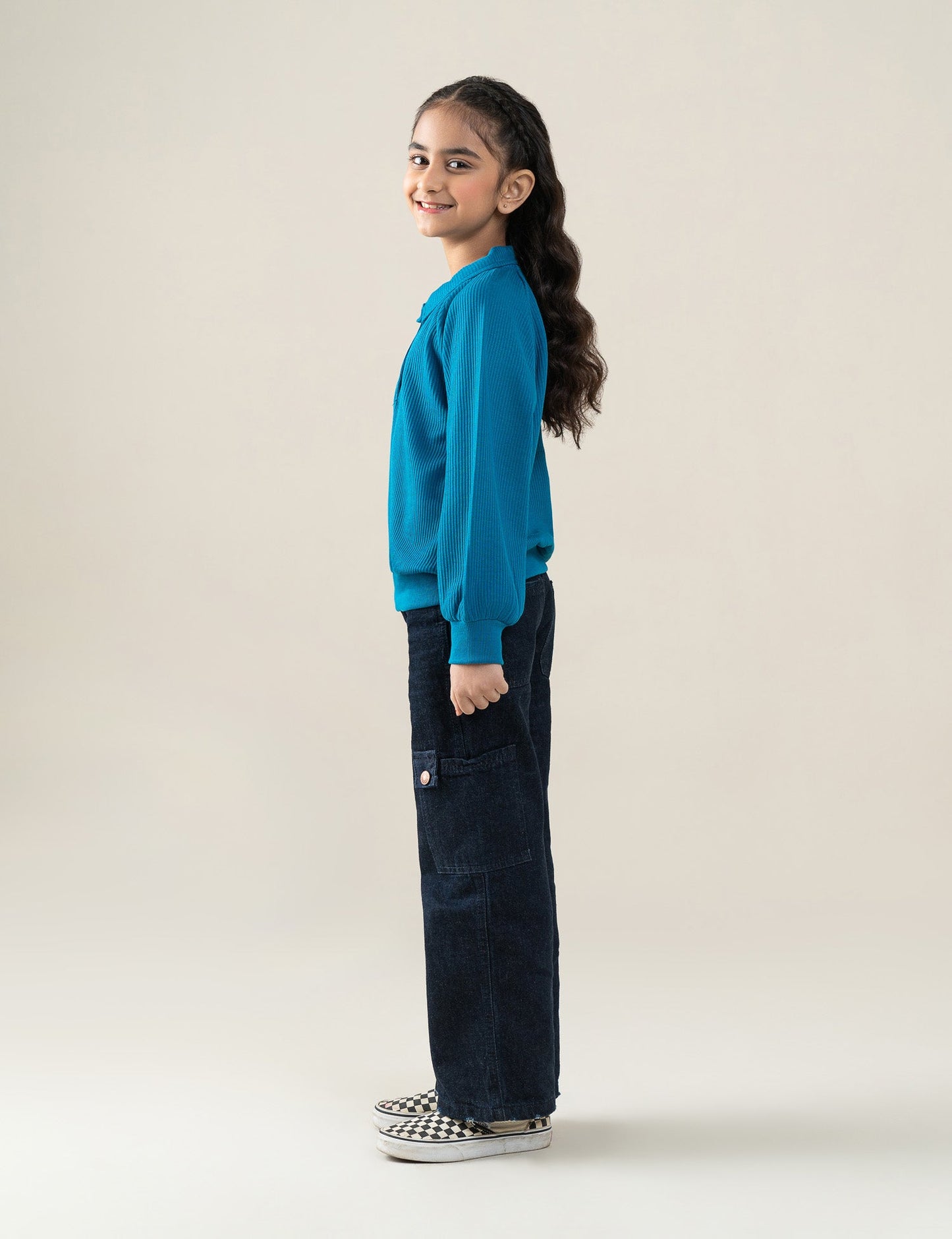 SOLID RIBBED POLO-STYLE SWEATSHIRT