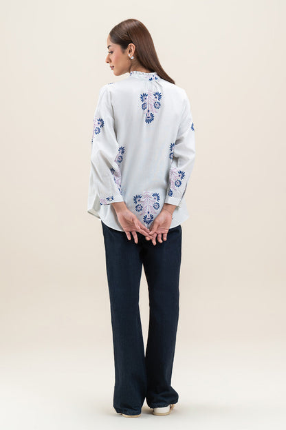PRINTED BAND COLLAR BLOUSE