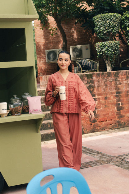 V-NECK EMBROIDERED CO-ORD SET