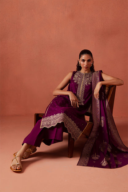 3 PIECE EMBROIDERED LUREX JACQUARAD  SUIT-SOLSTICE MOON (UNSTITCHED)