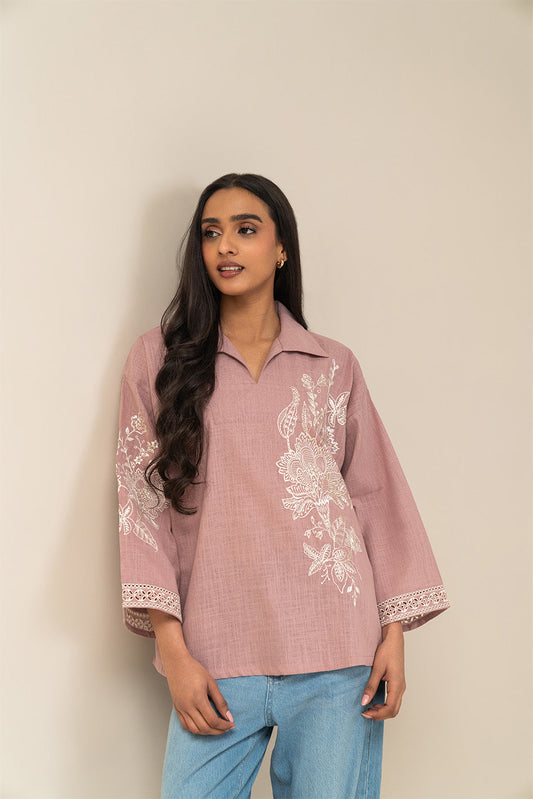 EMBROIDERED TWO WAY SLUB SHIRT (PRET)