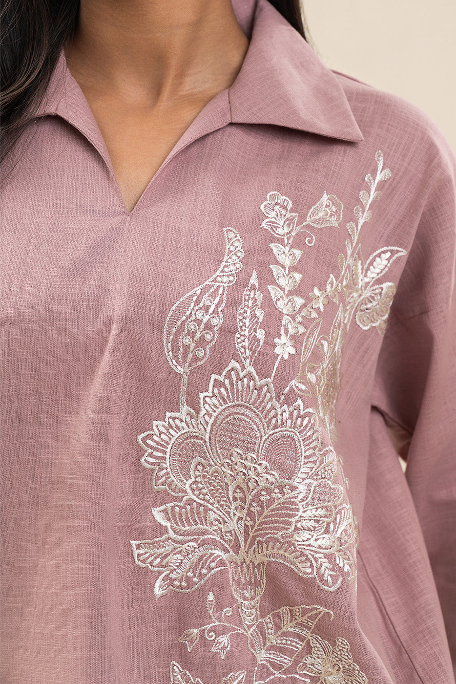 EMBROIDERED TWO WAY SLUB SHIRT (PRET)
