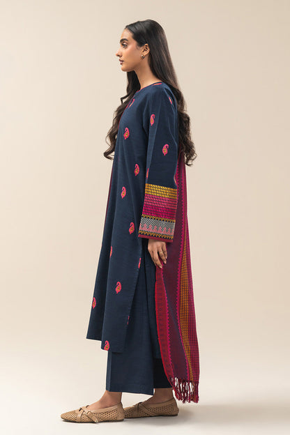 3 PIECE EMBROIDERED SLUB KHADDAR SUIT (PRET)