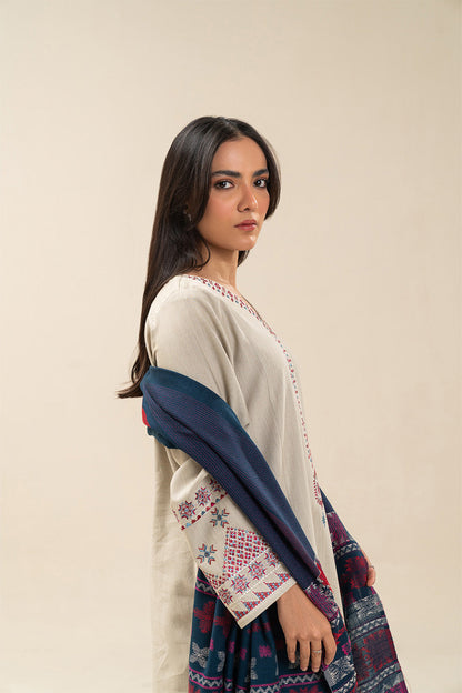 3 PIECE EMBROIDERED SLUB KHADDAR SUIT (PRET)