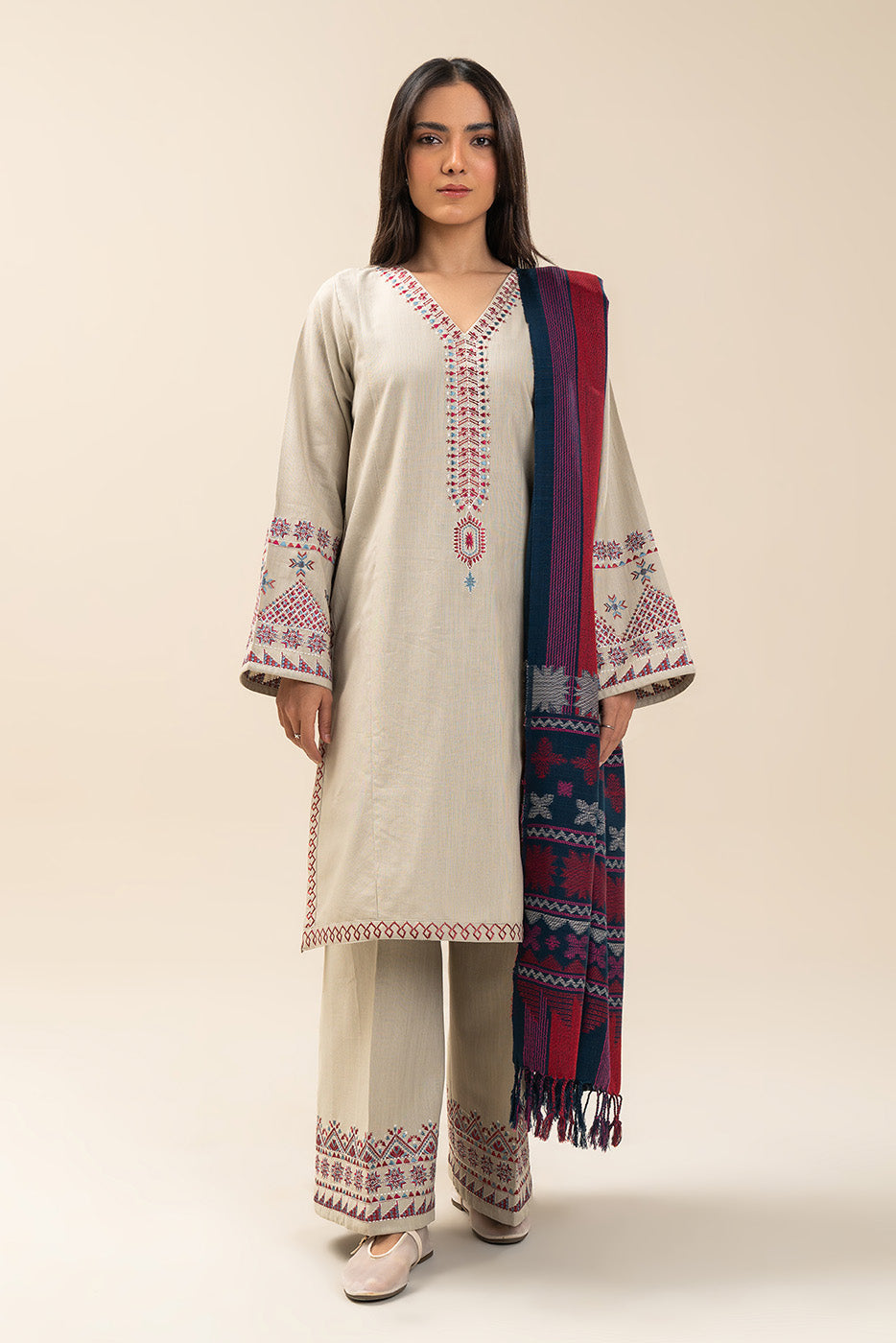 2 PIECE EMBROIDERED SLUB KHADDAR SUIT (PRET)