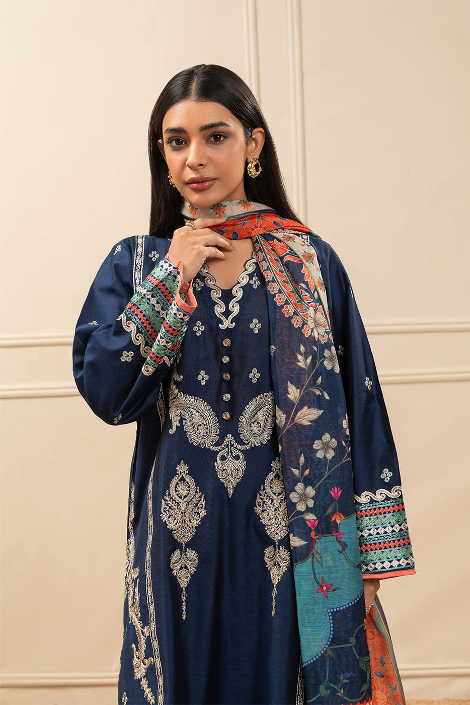 3 PIECE EMBROIDERED TWO TONE SUIT (PRET)