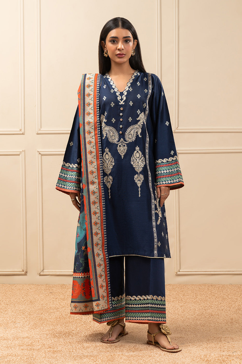3 PIECE EMBROIDERED TWO TONE SUIT (PRET)
