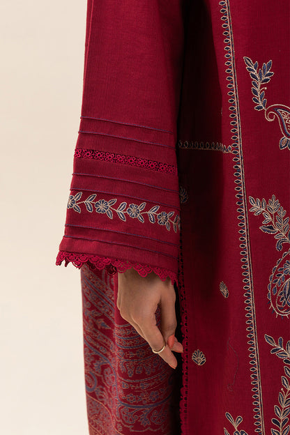 3 PIECE EMBROIDERED SLUB KHADDAR SUIT-GARNET GLAM (UNSTITCHED)