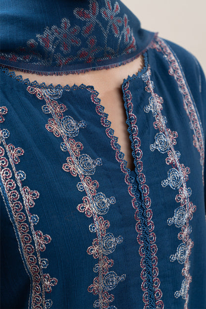 3 PIECE EMBROIDERED SLUB KHADDAR SUIT-COBALT BLISS (UNSTITCHED)