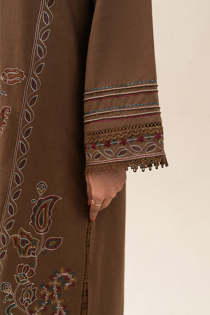 3 PIECE EMBROIDERED SLUB KHADDAR SUIT-SEPIA VERVE (UNSTITCHED)