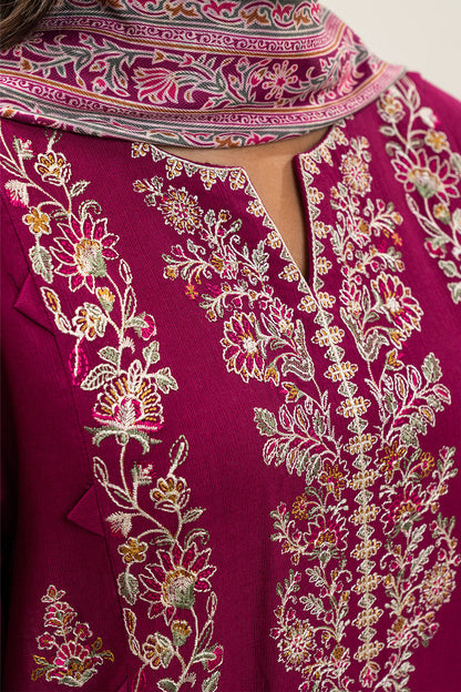 3 PIECE EMBROIDERED SLUB KHADDAR SUIT-VIVID CHERRY (UNSTITCHED)