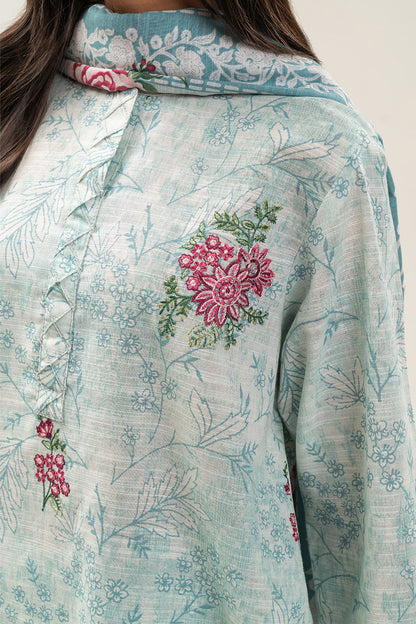 3 PIECE EMBROIDERED SLUB KHADDAR SUIT-MERMAID ROSE (UNSTITCHED)