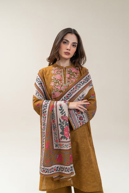 3 PIECE EMBROIDERED SLUB KHADDAR SUIT-MUSTARD GLAM (UNSTITCHED)