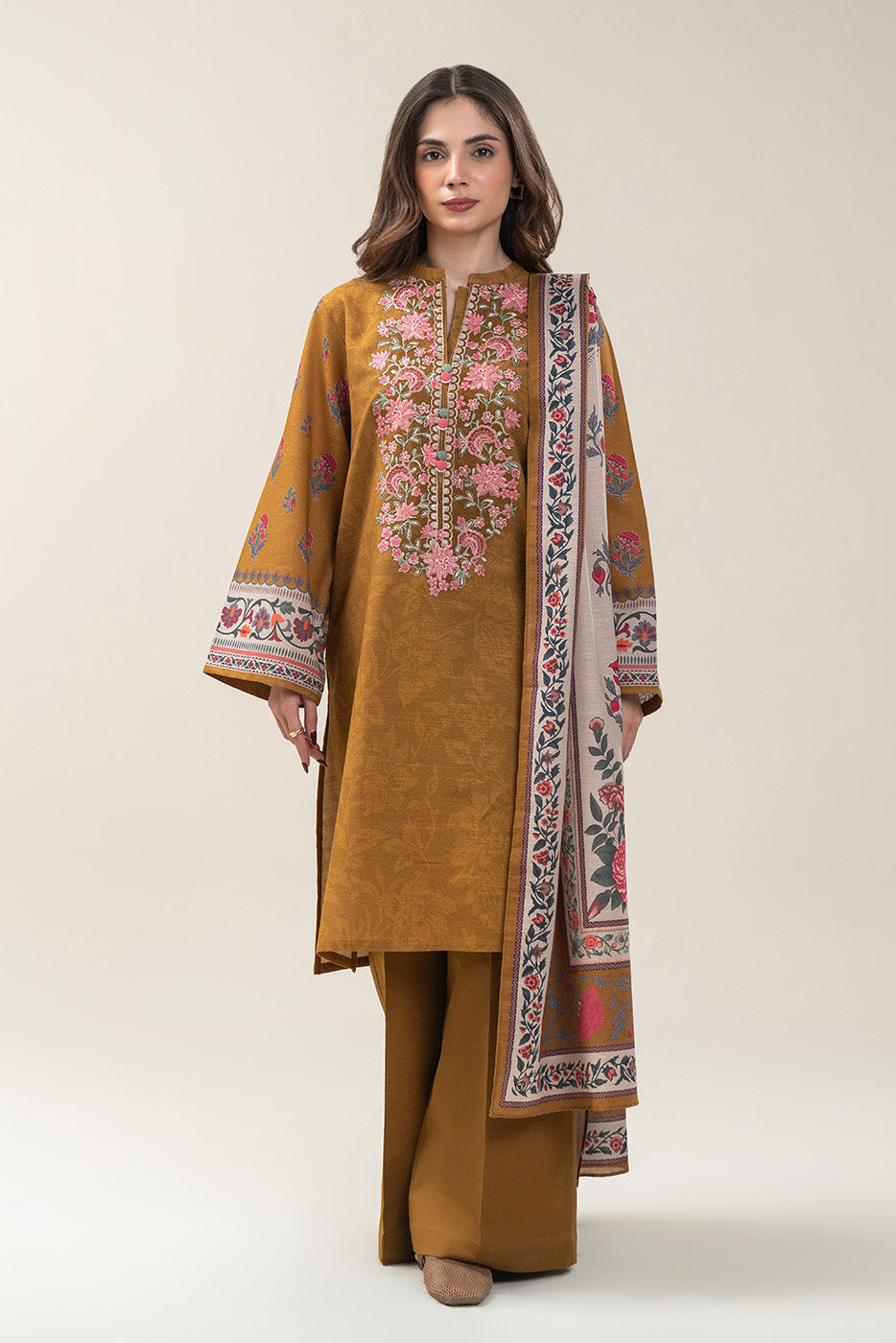 3 PIECE EMBROIDERED SLUB KHADDAR SUIT-MUSTARD GLAM (UNSTITCHED)