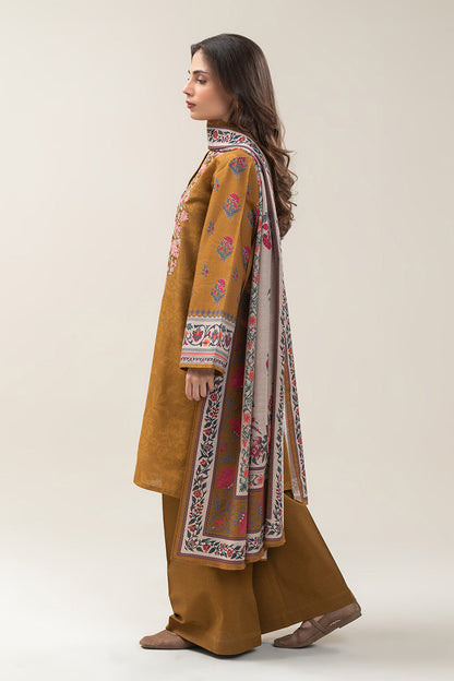 3 PIECE EMBROIDERED SLUB KHADDAR SUIT-MUSTARD GLAM (UNSTITCHED)