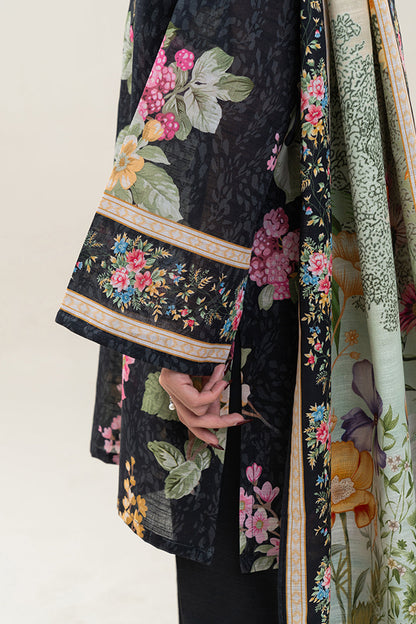 3 PIECE PRINTED SLUB KHADDAR SUIT-FLORAL SLATE (UNSTITCHED)