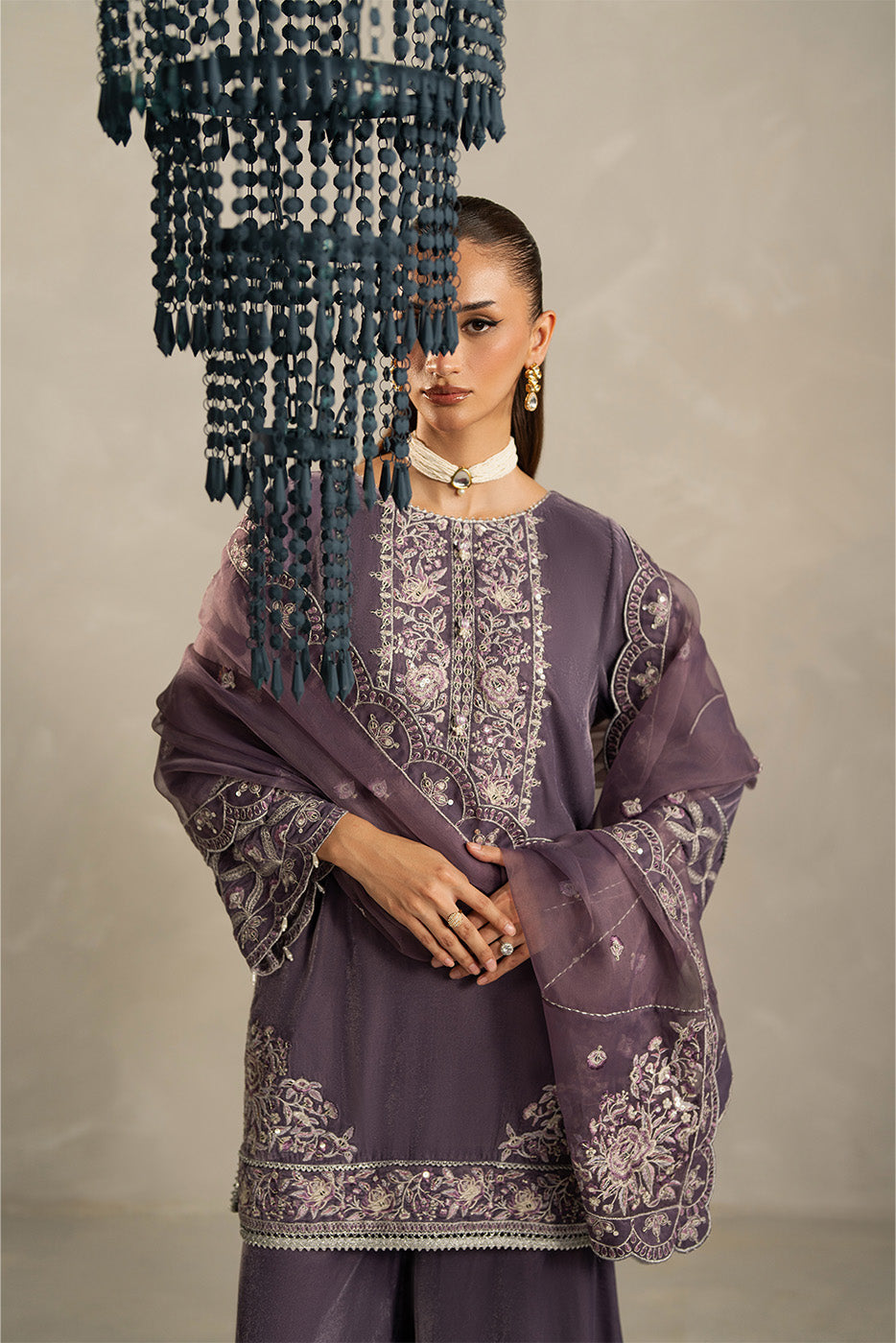 3 PIECE EMBROIDERED VELVET SUIT-HEATHER DUSK (UNSTITCHED)