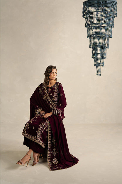 3 PIECE EMBROIDERED VELVET SUIT-BURGUNDY GLOW (UNSTITCHED)