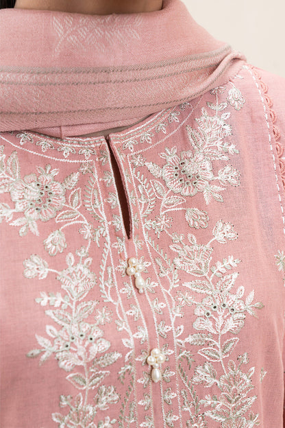 3 PIECE EMBROIDERED KHADDAR SUIT-BERRY PINK