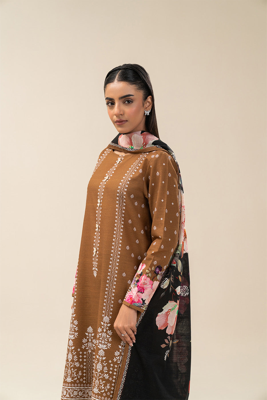 2 PIECE PRINTED SLUB KHADDAR SUIT-RUSSET MIST (UNSTITCHED)