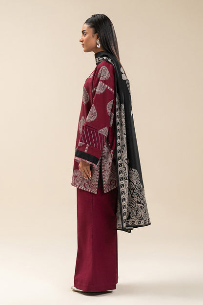 3 PIECE PRINTED SLUB KHADDAR SUIT-GARNET GLINT (UNSTITCHED)