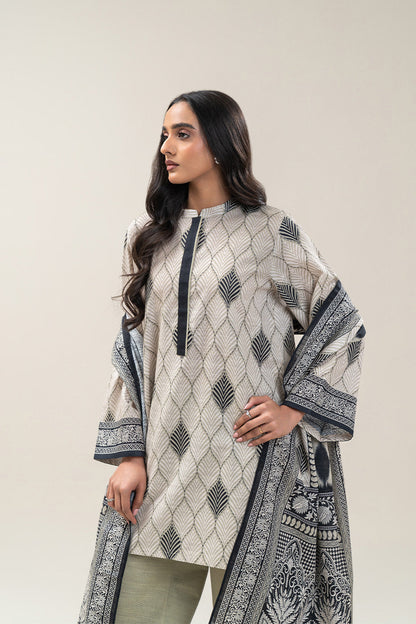 3 PIECE PRINTED SLUB KHADDAR SUIT-ASH GREY (UNSTITCHED)