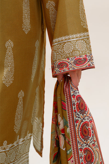 3 PIECE PRINTED LAWN SUIT-MUSTARD ORCHID (UNSTITCHED)