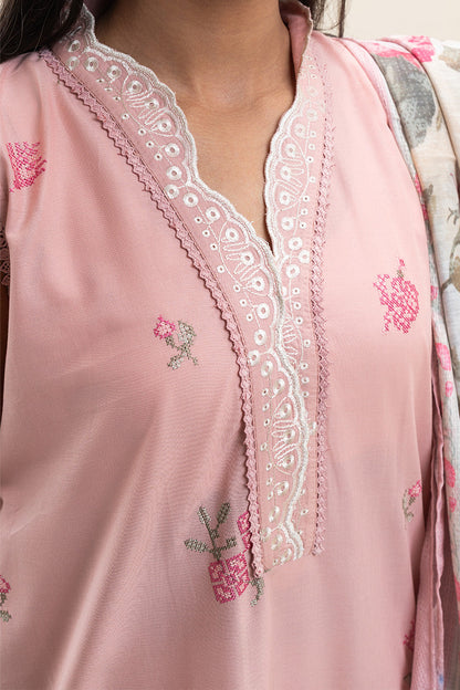 3 PIECE EMBROIDERED LAWN SUIT-FLORET PINK (UNSTITCHED)