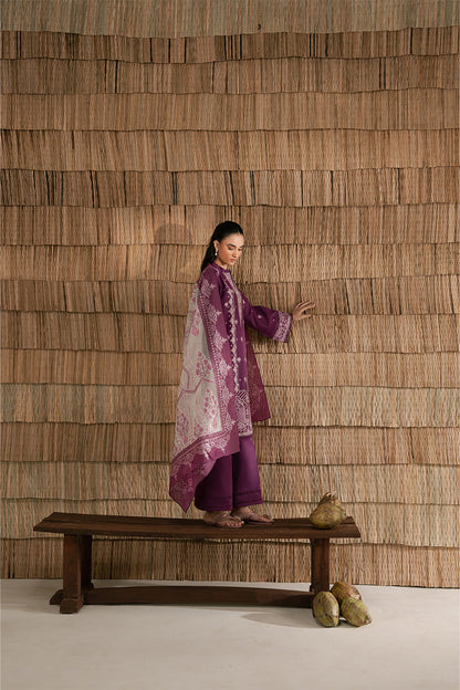 3 PIECE EMBROIDERED LAWN SUIT-PLUM PUFF (UNSTITCHED)