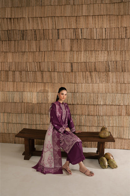 3 PIECE EMBROIDERED LAWN SUIT-PLUM PUFF (UNSTITCHED)